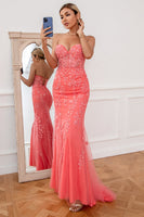 Load image into Gallery viewer, Coral Tulle Mermaid Prom Dress with Applique