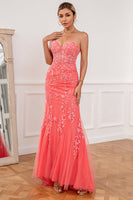 Load image into Gallery viewer, Coral Tulle Mermaid Prom Dress with Applique