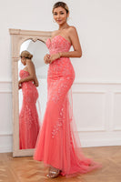 Load image into Gallery viewer, Coral Tulle Mermaid Prom Dress with Applique