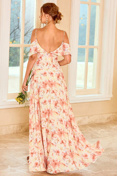 Blush bridesmaid dress printed with ruffles