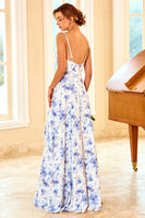 Load image into Gallery viewer, Spaghetti Straps Blue Floral Print Bridesmaid Dress