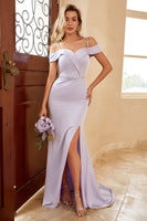 Load image into Gallery viewer, Sheath Off the Shoulder Lilac Long Bridesmaid Dress with Split Front