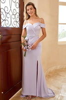 Load image into Gallery viewer, Sheath Off the Shoulder Lilac Long Bridesmaid Dress with Split Front