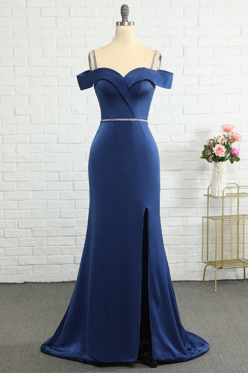 Load image into Gallery viewer, Mermaid Off the Shoulder Navy Bridesmaid Dress with Beading