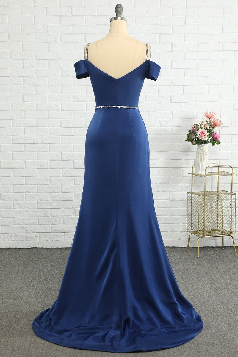 Load image into Gallery viewer, Mermaid Off the Shoulder Navy Bridesmaid Dress with Beading