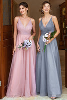 Load image into Gallery viewer, A Line Spaghetti Straps Grey Pink Bridesmaid Dress
