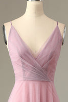 Load image into Gallery viewer, A Line Spaghetti Straps Grey Pink Bridesmaid Dress