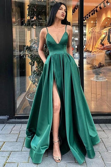 Green Satin A-line Prom Dress with Slit