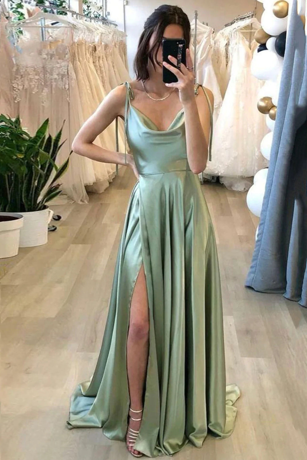 Hellymoon Women Sage Green Prom Dress Satin Long Formal Dress with Slit