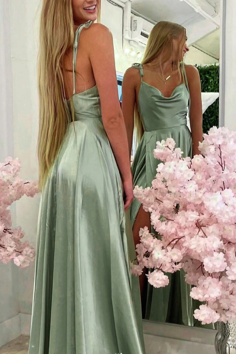 Hellymoon Women Sage Green Prom Dress Satin Long Formal Dress with Slit