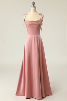 Blush Spaghetti Straps Simple Bridesmaid Dress with Bowknot