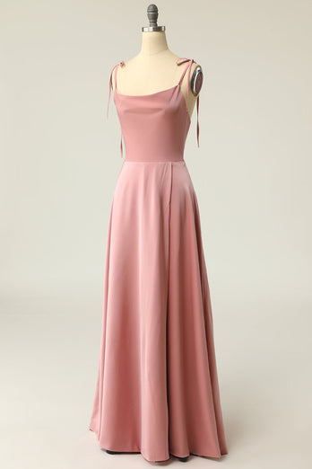 Blush Spaghetti Straps Simple Bridesmaid Dress with Bowknot
