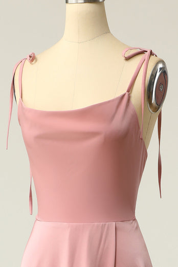Blush Spaghetti Straps Simple Bridesmaid Dress with Bowknot