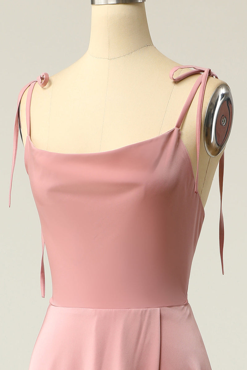 Load image into Gallery viewer, Blush Spaghetti Straps Simple Bridesmaid Dress with Bowknot