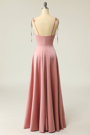 Blush Spaghetti Straps Simple Bridesmaid Dress with Bowknot
