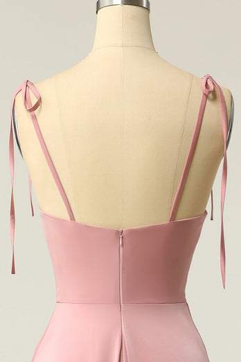 Blush Spaghetti Straps Simple Bridesmaid Dress with Bowknot