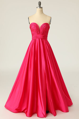 A Line Sweetheart Hot Pink Long Prom Dress with Ruched