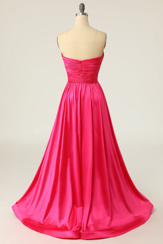A Line Sweetheart Hot Pink Long Prom Dress with Ruched
