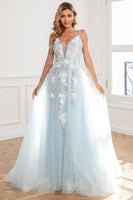 Load image into Gallery viewer, Light Blue Appliques Tulle Prom Dress