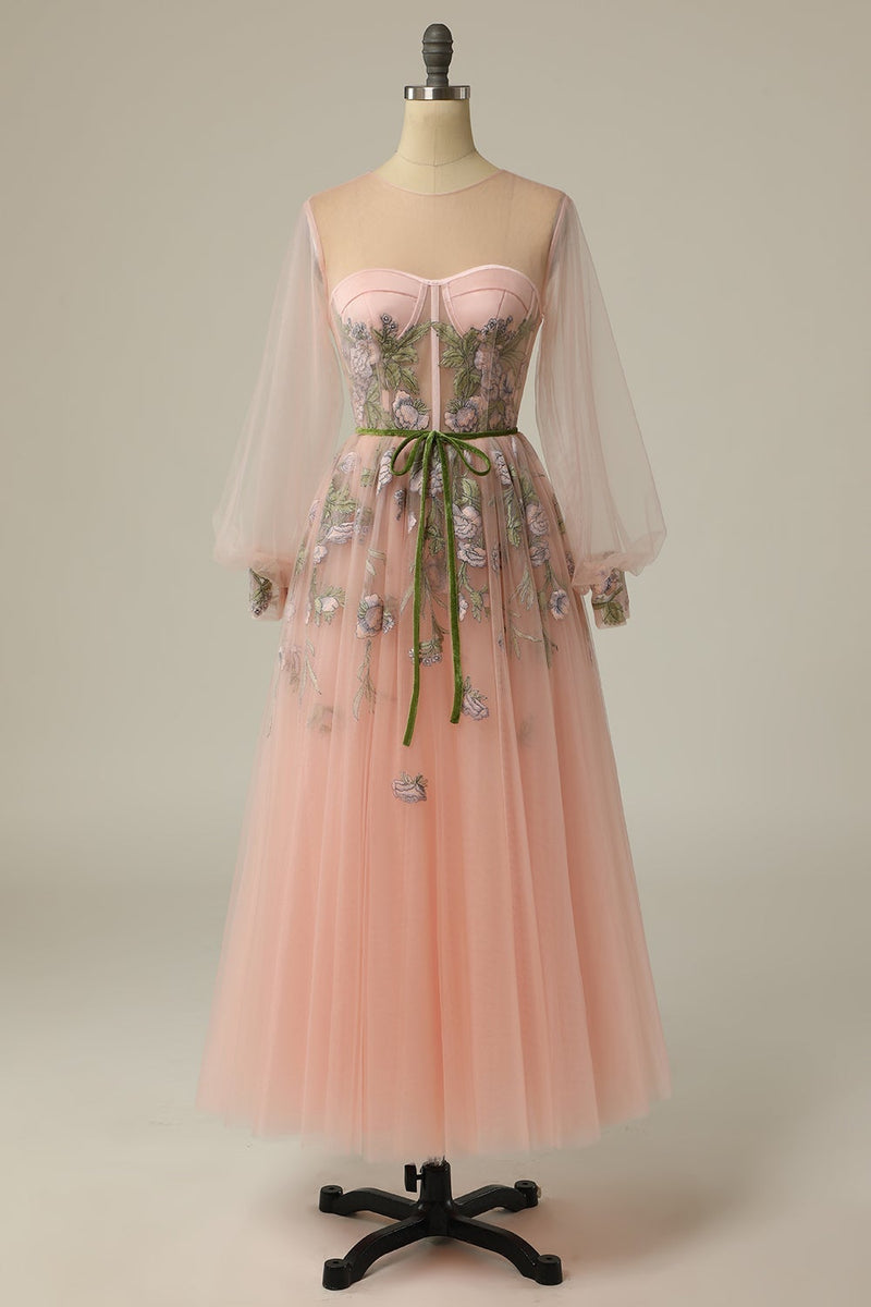 Load image into Gallery viewer, A Line Jewel Light Nude Long Prom Dress with Embroidery