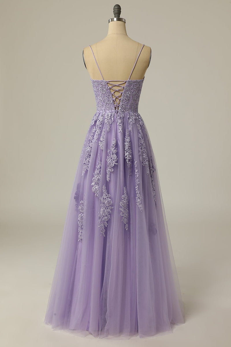 Load image into Gallery viewer, A Line Strapless Light Purple Long Prom Dress with Appliques