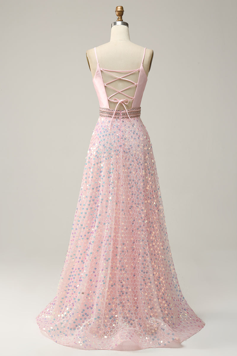 Load image into Gallery viewer, A Line Pink Spaghetti Straps Princess Prom Dress with Beading