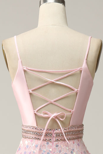 A Line Pink Spaghetti Straps Princess Prom Dress with Beading