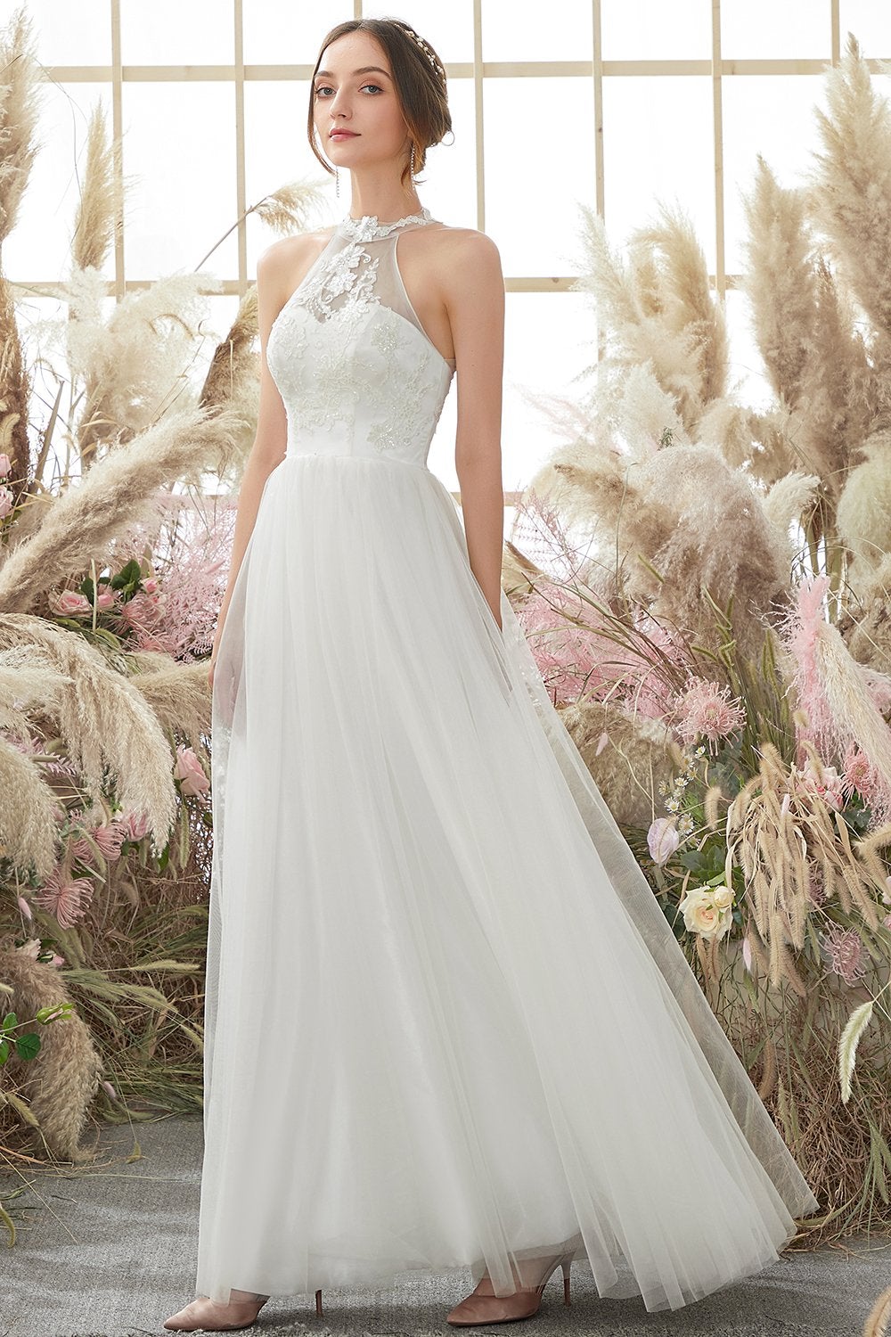 White Halter Neck Tulle A Line Wedding Dress