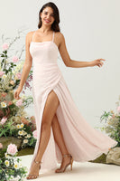 Load image into Gallery viewer, Pink Mermaid Chiffon Long Bridesmaid Dress with Slit