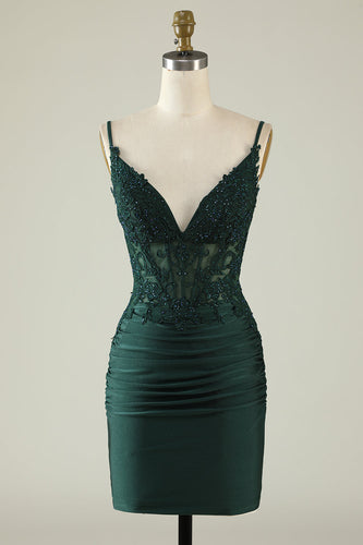 Spaghetti Straps Dark Green Corset Party Dress with Beading