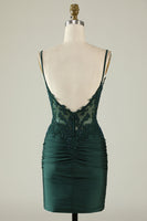 Load image into Gallery viewer, Spaghetti Straps Dark Green Corset Party Dress with Beading