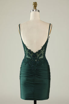 Spaghetti Straps Dark Green Corset Party Dress with Beading