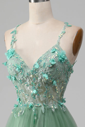 Sparkly Green A-Line Spaghetti Straps Corset Prom Dress With Appliques