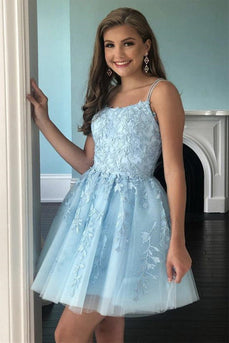Blue Spaghetti Straps Short Prom Dress with Appliques