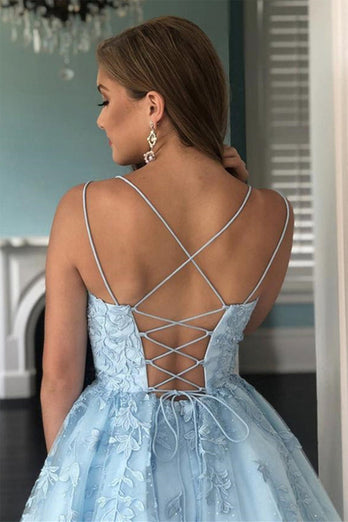 Blue Spaghetti Straps Short Prom Dress with Appliques