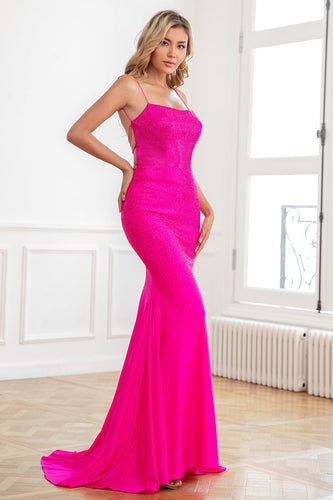 Glitter Hot Pink Mermaid Beaded Prom Dresses