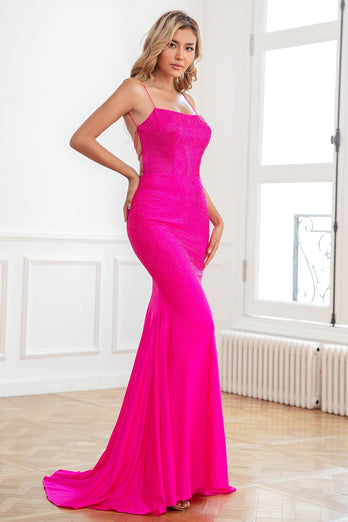 Glitter Hot Pink Mermaid Beaded Prom Dresses