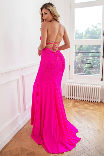 Glitter Hot Pink Mermaid Beaded Prom Dresses
