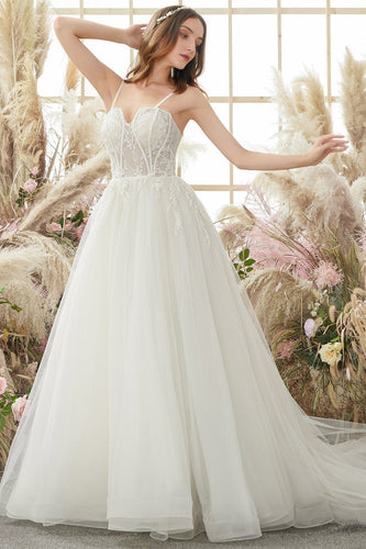 Ivory Spaghetti Straps A line Tulle Wedding Dress