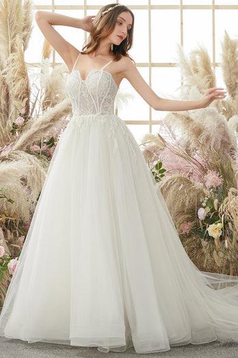Ivory Spaghetti Straps A line Tulle Wedding Dress