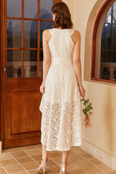 High Low White Graduation Dress with Lace Sleeveless