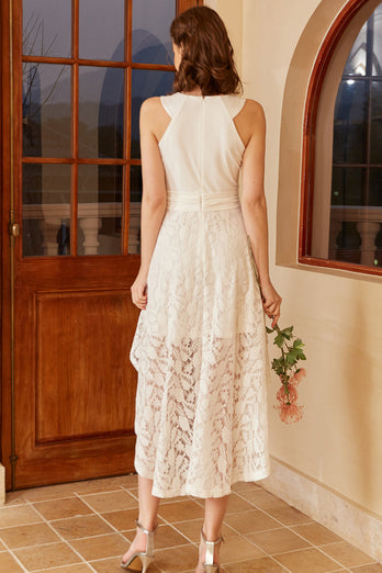 High Low White Graduation Dress with Lace Sleeveless