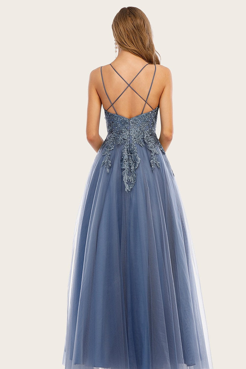 Load image into Gallery viewer, Dusty Blue Long Prom Dress with Lace