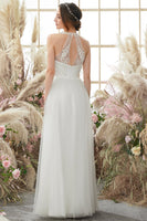 Load image into Gallery viewer, White Halter Neck Tulle A Line Wedding Dress