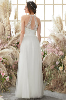 White Halter Neck Tulle A Line Wedding Dress