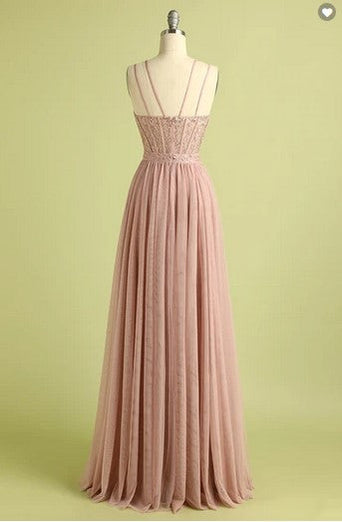 Pink Spaghetti Straps Prom Dress with Slit