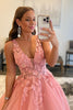 Load image into Gallery viewer, Princess A Line Deep V Neck Blush Long Prom Dress with Appliques