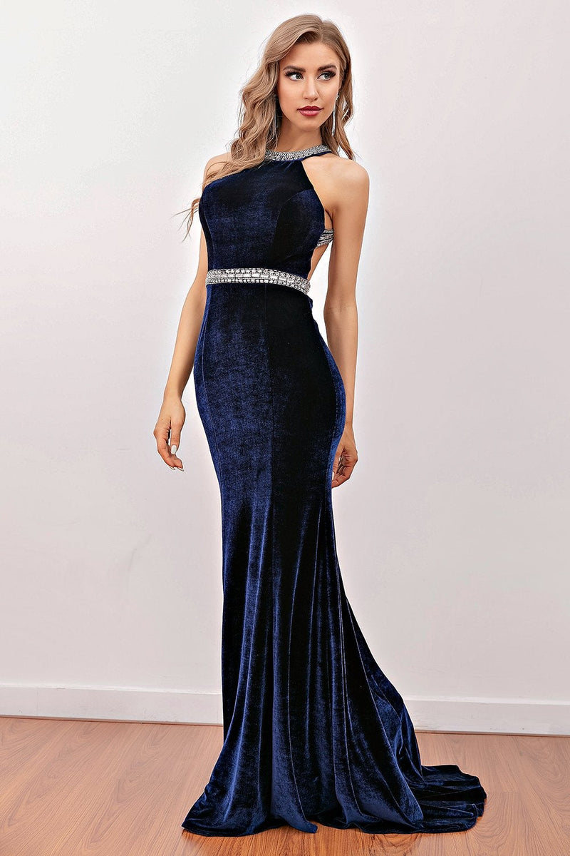 Load image into Gallery viewer, Navy Mermaid Velvet Long Prom Dress