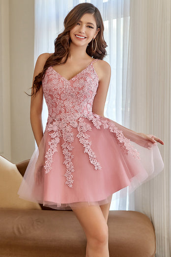 Cute A Line V Neck Blush Short Homecoming Dress with Appliques
