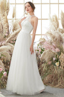 Load image into Gallery viewer, White Halter Neck Tulle A Line Wedding Dress